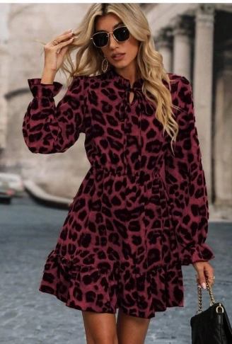 Kadın Uzun Kollu Yakadan Bağcıklı Modal Leopar Desenli Mini Elbise