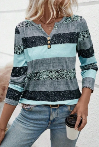 Kadın Uzun Kollu Yakadan Düğmeli çizgili Desenli Süprem Bluz