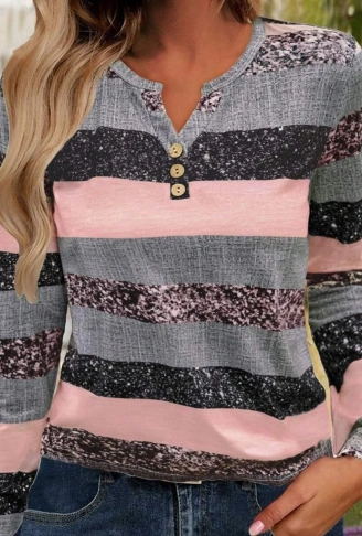 Kadın Uzun Kollu Yakadan Düğmeli çizgili Desenli Süprem Bluz