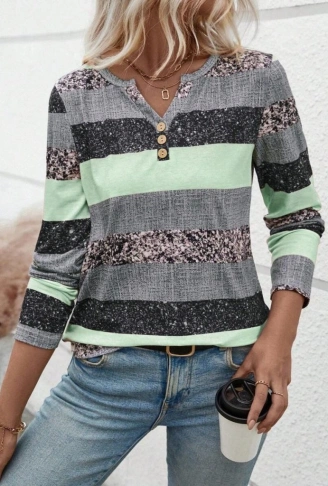 Kadın Uzun Kollu Yakadan Düğmeli çizgili Desenli Süprem Bluz