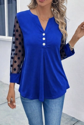 Kadın Uzun Kollu Yakadan Düğmeli Kolları Tül Detaylı Viskon Bluz