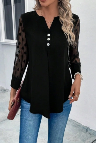 Kadın Uzun Kollu Yakadan Düğmeli Kolları Tül Detaylı Viskon Bluz