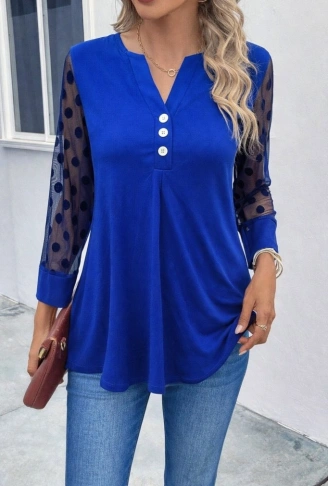 Kadın Uzun Kollu Yakadan Düğmeli Kolları Tül Detaylı Viskon Bluz