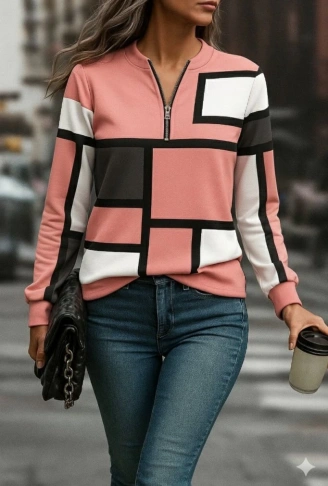 Kadın Uzun Kollu Yakadan Fermuarlı Desenli şardonlu Dalgıç Bluz