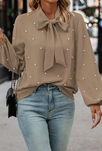 Kadın Uzun Kollu Yakadan Fiyonklu Incili Ithal Krep Bluz