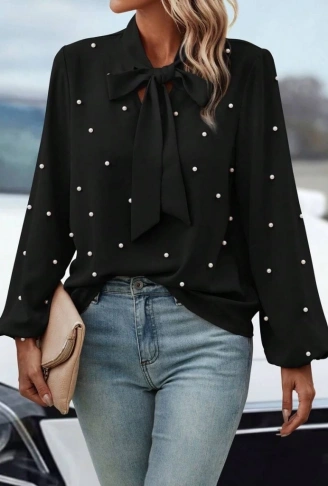 Kadın Uzun Kollu Yakadan Fiyonklu Incili Ithal Krep Bluz