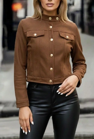 Kadın Uzun Kollu Yakadan Ve önden Düğmeli Süet Kısa Ceket