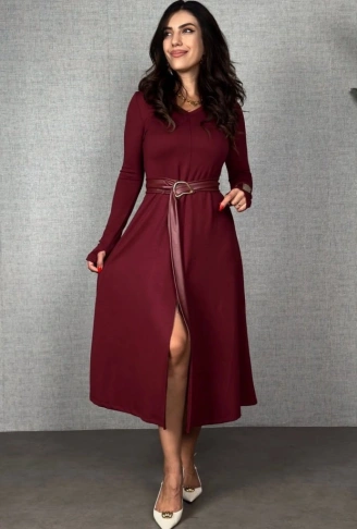 Kadın Uzun Kollu Yakalı Belden Deri Detaylı Kuşaklı Yırtmaçlı Midi Viskon Iki Iplik Elbise