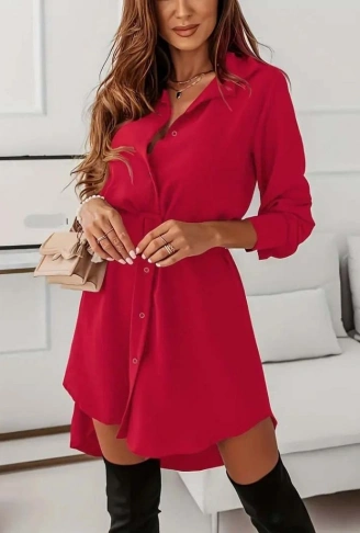 Kadın Uzun Kollu Yakalı Belden Kemerli Kıs Ithal Krep Elbise