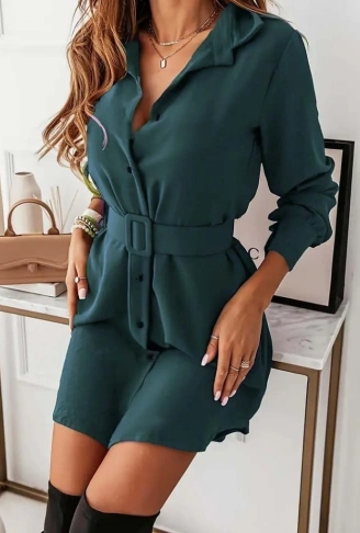 Kadın Uzun Kollu Yakalı Belden Kemerli Kıs Ithal Krep Elbise