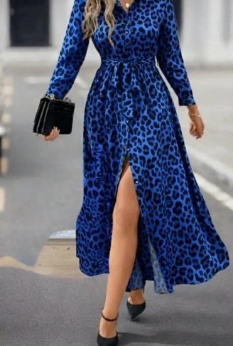 Kadın Uzun Kollu Yakalı Belden Kuşaklı Leopar Desenli Modal Uzun Elbise