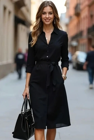 Kadın Uzun Kollu Yakalı Belden Kuşaklı Midi Trikoton Elbise