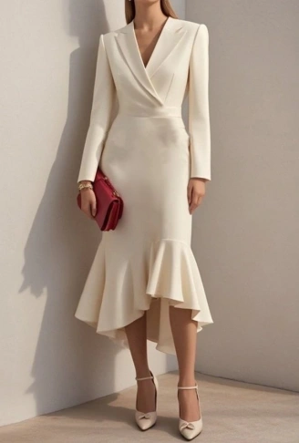 Kadın Uzun Kollu Yakalı Belden Oturtmalı Midi Ithal Krep Elbise