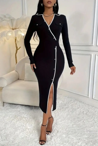 Kadın Uzun Kollu Yakalı Cepli Düğmeli Yırtmaç Detaylı Modal Uzun Elbise