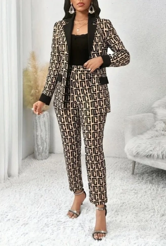 Kadın Uzun Kollu Yakalı Desenli Dalgıç Ceket Bluz Ve Pantolon üçlü Takım