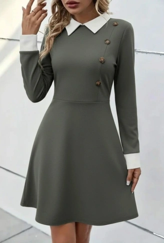 Kadın Uzun Kollu Yakalı Düğmeli çağla Yeşili Modal Mini Elbise