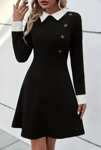 Kadın Uzun Kollu Yakalı Düğmeli Kısa Modal Mini Elbise