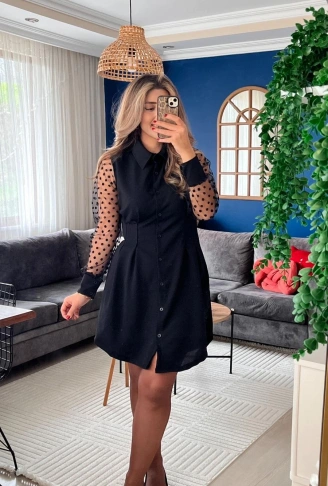 Kadın Uzun Kollu Yakalı Düğmeli Mini Ithal Krep Elbise