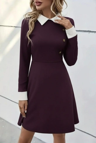 Kadın Uzun Kollu Yakalı Düğmeli Mürdüm Modal Mini Elbise