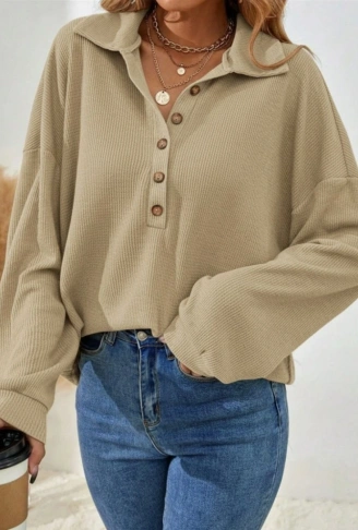 Kadın Uzun Kollu Yakalı Düğmeli Salaş Waffle Bluz