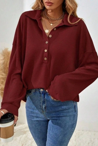 Kadın Uzun Kollu Yakalı Düğmeli Salaş Waffle Bluz