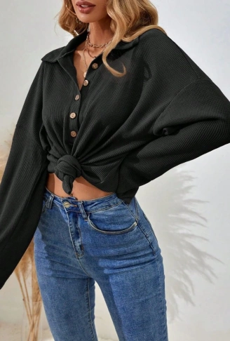 Kadın Uzun Kollu Yakalı Düğmeli Salaş Waffle Bluz