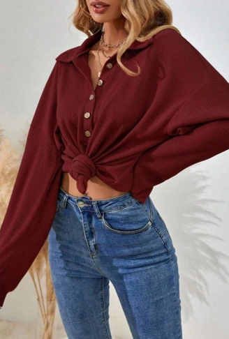 Kadın Uzun Kollu Yakalı Düğmeli Salaş Waffle Bluz