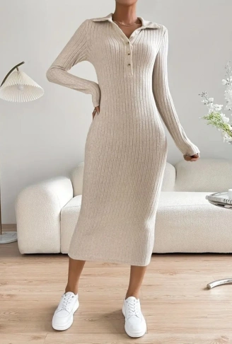 Kadın Uzun Kollu Yakalı Düğmeli şardonlu Kaşkorse Elbise