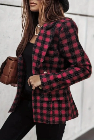 Kadın Uzun Kollu Yakalı Kare Desenli Ekoseli Düğmeli Ceket