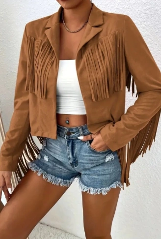 Kadın Uzun Kollu Yakalı Kısa Püsküllü Süet Ceket