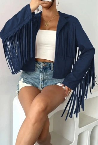 Kadın Uzun Kollu Yakalı Kısa Püsküllü Süet Ceket