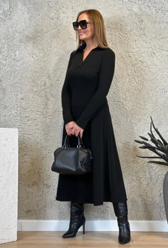 Kadın Uzun Kollu Yakalı Midi Viskon Iki Iplik Elbise