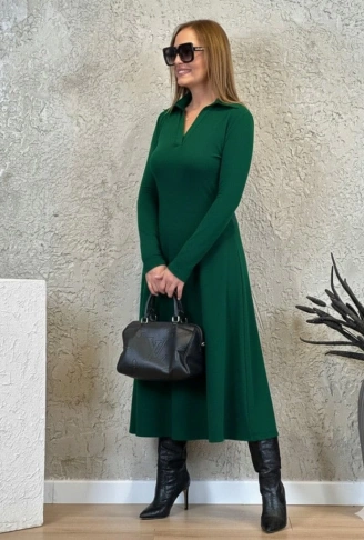 Kadın Uzun Kollu Yakalı Midi Viskon Iki Iplik Elbise