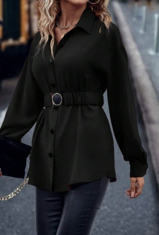 Kadın Uzun Kollu Yakalı önden Düğmeli Belden Kemerli Ithal Krep Bluz