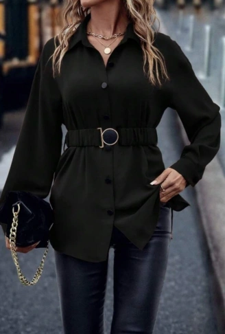 Kadın Uzun Kollu Yakalı önden Düğmeli Belden Kemerli Ithal Krep Bluz