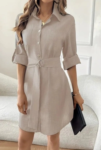 Kadın Uzun Kollu Yakalı önden Düğmeli Beli Kuşaklı Mini Ithal Keten Elbise