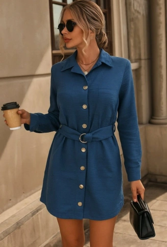 Kadın Uzun Kollu Yakalı önden Düğmeli Beli Kuşaklı Mini Ithal Keten Elbise