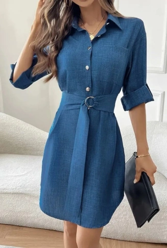 Kadın Uzun Kollu Yakalı önden Düğmeli Beli Kuşaklı Mini Ithal Keten Elbise