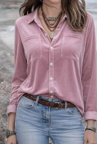 Kadın Uzun Kollu Yakalı önden Düğmeli Cep Detaylı Kadife Gömlek