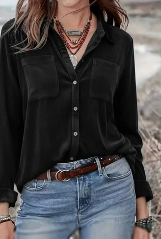 Kadın Uzun Kollu Yakalı önden Düğmeli Cep Detaylı Kadife Gömlek