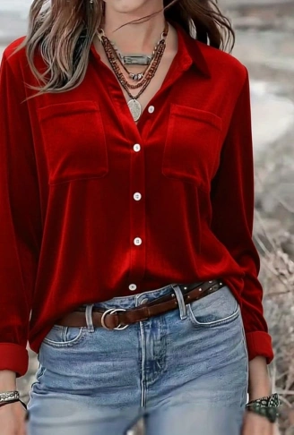 Kadın Uzun Kollu Yakalı önden Düğmeli Cep Detaylı Kadife Gömlek