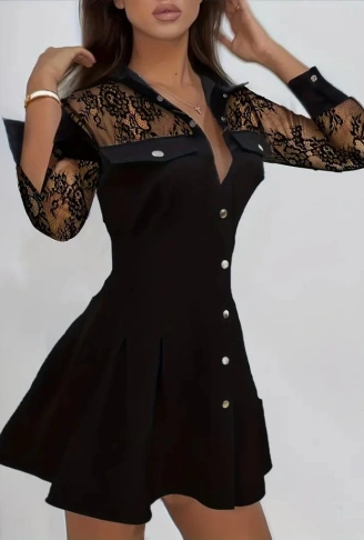 Kadın Uzun Kollu Yakalı önden Düğmeli Cep Detaylı Mini Modal Elbise