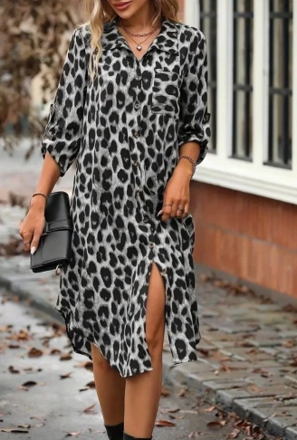 Kadın Uzun Kollu Yakalı önden Düğmeli Leopar Desenli Modal Midi Elbise