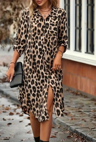 Kadın Uzun Kollu Yakalı önden Düğmeli Leopar Desenli Modal Midi Elbise