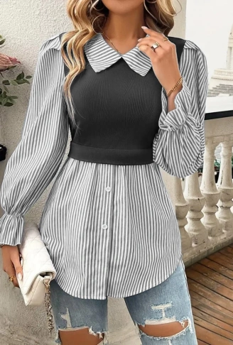 Kadın Uzun Kollu Yakalı önden Düğmeli Ottoman Bluz