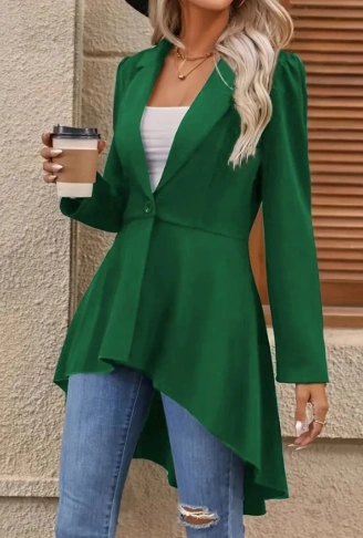 Kadın Uzun Kollu Yakalı önden Düğmeli Uzun Atlas Blazer Ceket