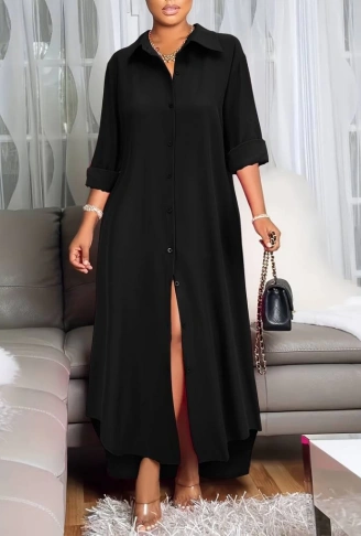 Kadın Uzun Kollu Yakalı önden Düğmeli Uzun Dokuma Elbise