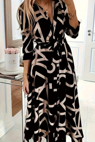 Kadın Uzun Kollu Yakalı önden Düğmeli Uzun Süprem Elbise