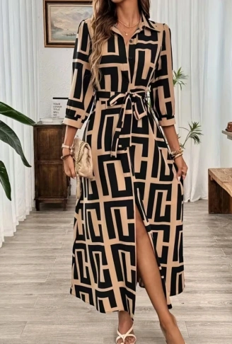 Kadın Uzun Kollu Yakalı önden Düğmeli Uzun Süprem Elbise