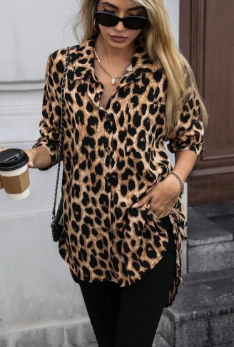 Kadın Uzun Kollu Yakalı önden Düğmeli Yandan Bağcıklı Leopar Desenli Modal Bluz